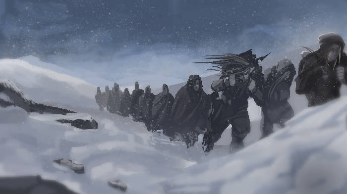 An image of a group of elves going in a single line on the mountains through a heavy snow storm